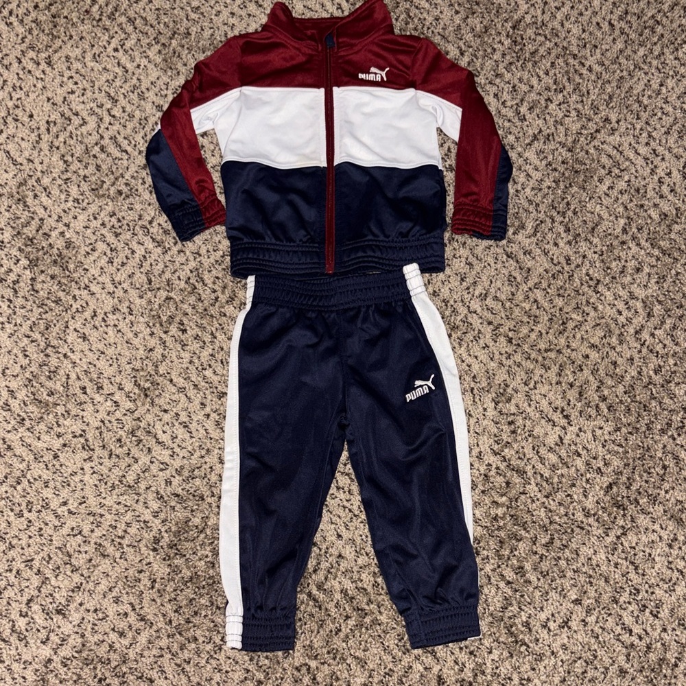 Puma Kids' Burgundy, White, and Navy Jogger Set